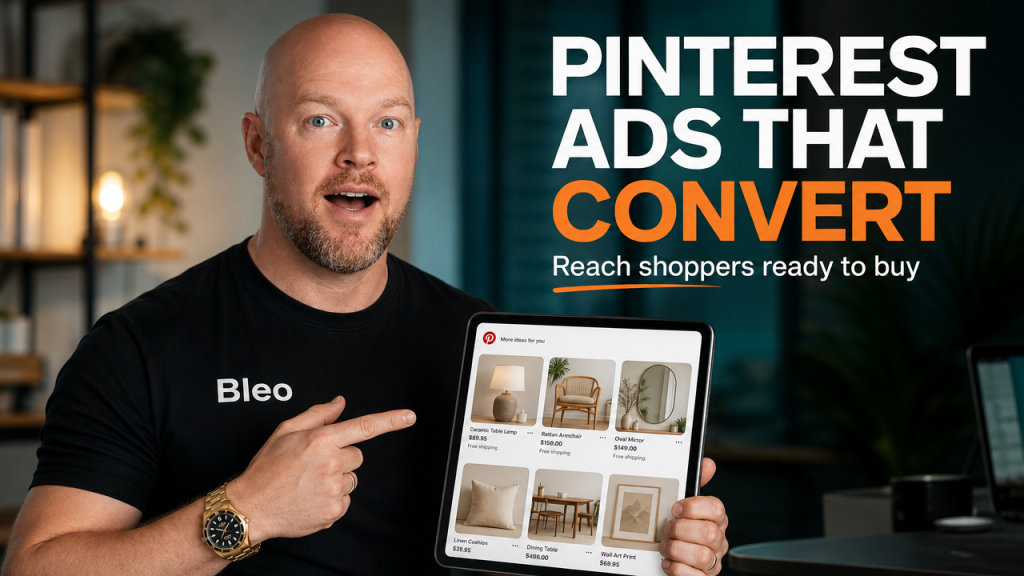 Marketing professional Luke Houlihan in a modern office, wearing Bleo branded clothing, pointing at tablet displaying Pinterest shopping ads with a surprised excited expression while digital conversion metrics display behind him