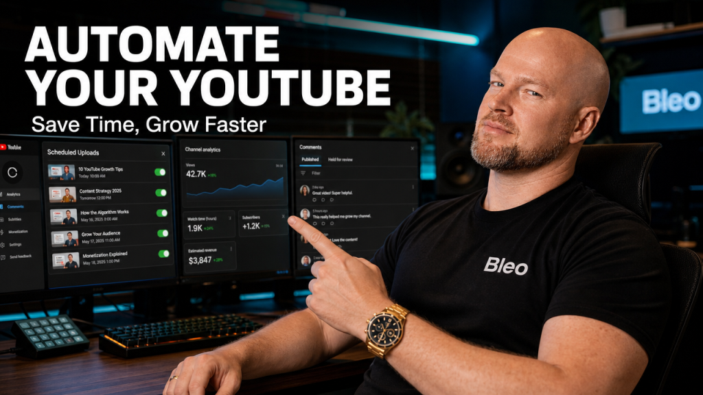 Luke Houlihan at a modern creator's studio desk with multiple monitors showing YouTube automation tools, analytics dashboards, and scheduling interfaces, with confident expression and text overlay reading "AUTOMATE YOUR YOUTUBE"