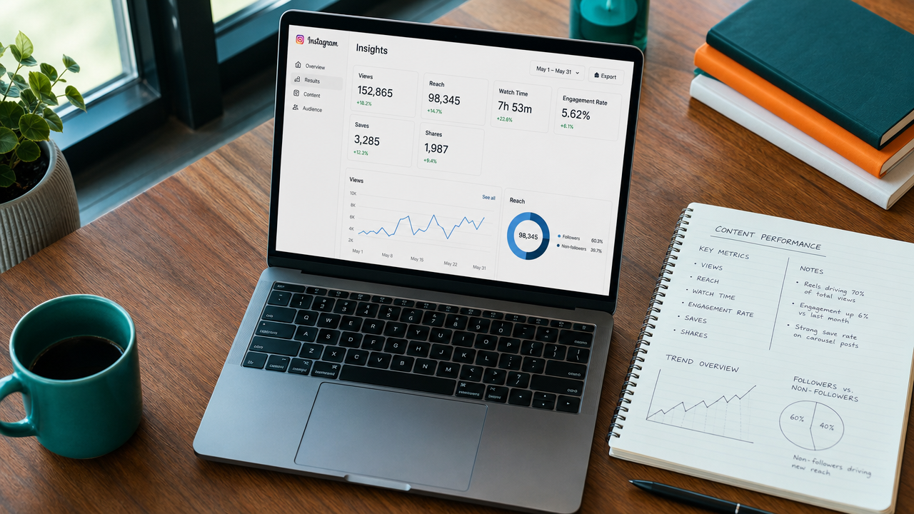 Workspace desk with laptop showing Instagram Insights analytics dashboard and performance notes in notebook