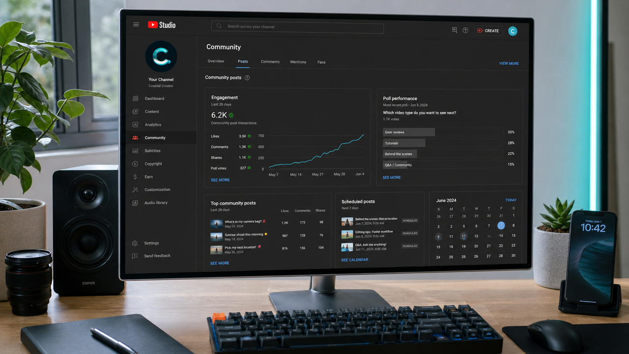 YouTube Studio Community Posts dashboard showing engagement metrics, polls, and scheduled content calendar on desktop screen