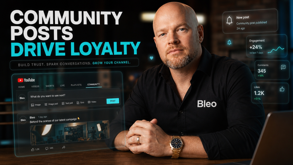 Luke Houlihan in professional setting with confident expression, wearing Bleo-branded shirt, surrounded by holographic YouTube Community UI elements and engagement metrics, cinematic teal-orange lighting