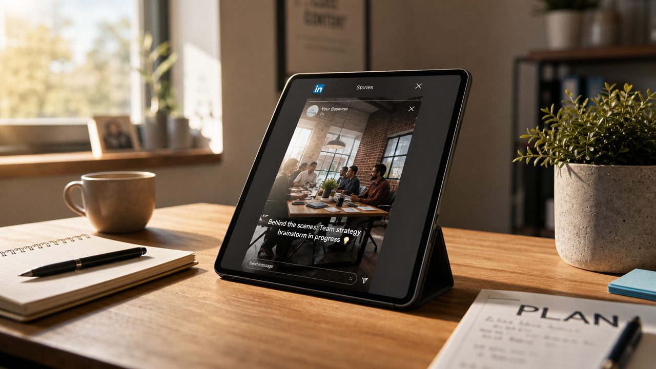 Small business owner reviewing LinkedIn Stories on a tablet in a home office, with warm natural lighting and a clean workspace.