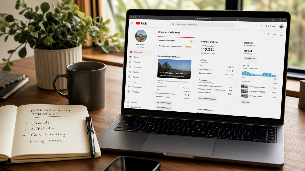 YouTube Creator Studio dashboard displaying Shorts monetisation metrics and analytics on laptop screen with content strategy notes visible, 2026.