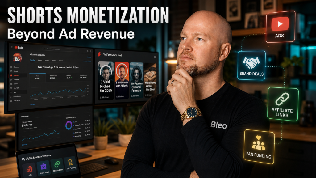Creator analysing YouTube Shorts monetisation strategy with analytics dashboards and multiple revenue stream icons displayed, wearing Bleo-branded clothing, 2026.