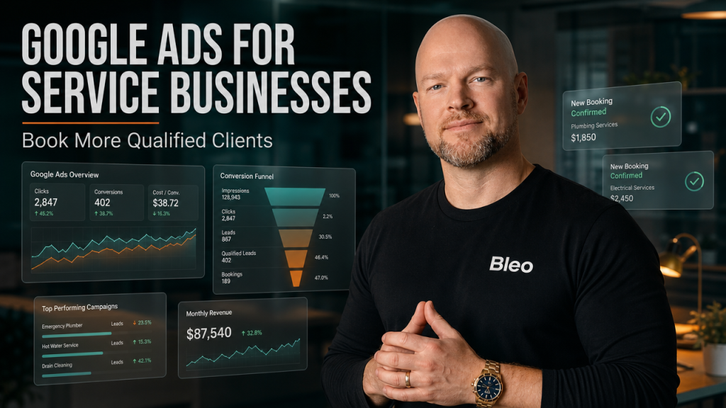 Luke Houlihan in Bleo-branded shirt stands confidently before holographic Google Ads metrics and booking confirmations, with "GOOGLE ADS FOR SERVICE BUSINESSES" and "Book More Qualified Clients" text overlay on teal-and-orange cinematic background.