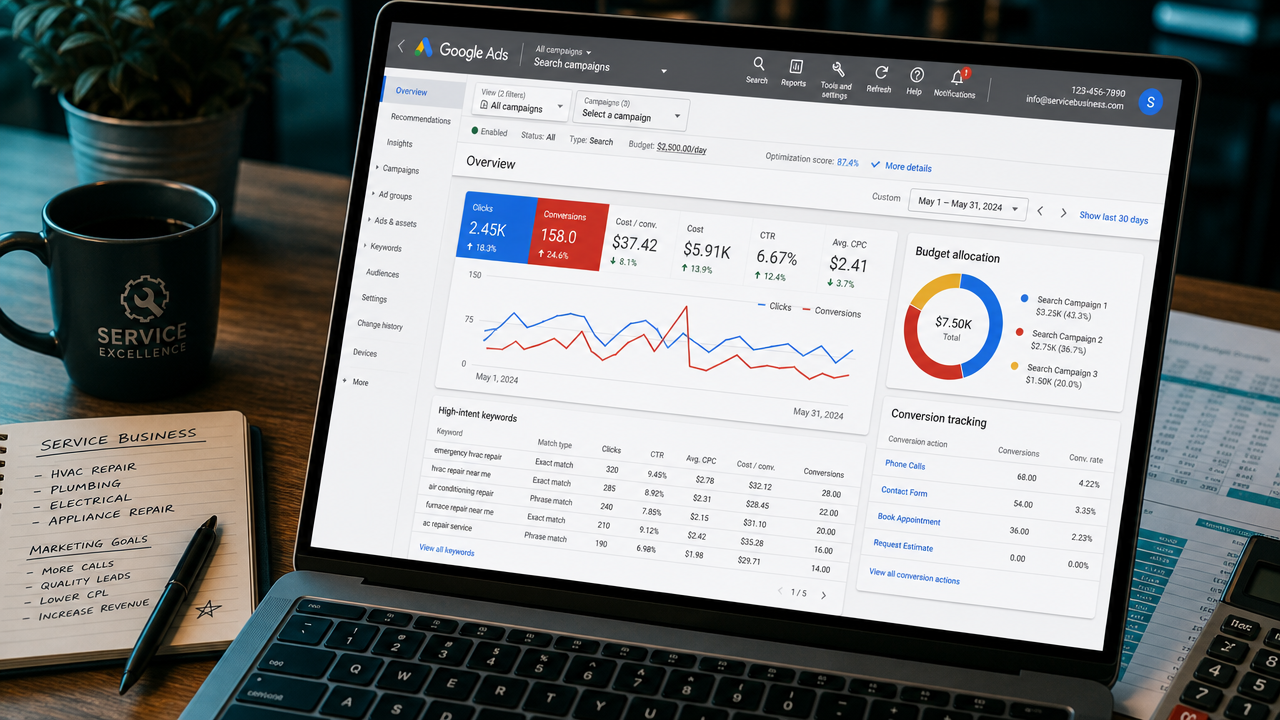 Laptop screen angled toward camera displaying Google Ads dashboard with search campaign metrics, conversion tracking, and budget allocation charts for service businesses.