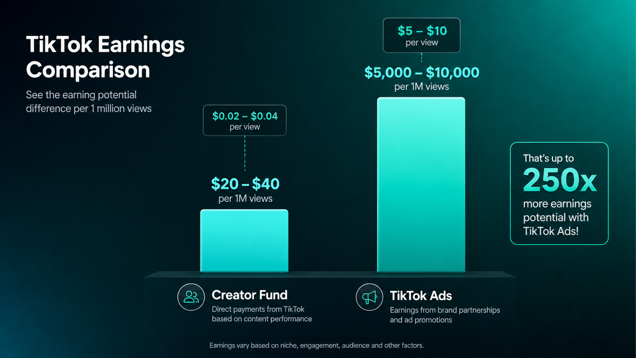Side-by-side earnings comparison chart showing TikTok Creator Fund versus TikTok Ads revenue potential for Australian content creators