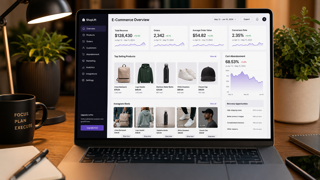 E-commerce analytics dashboard showing Instagram dynamic product ads performance metrics and catalog integration results on laptop screen