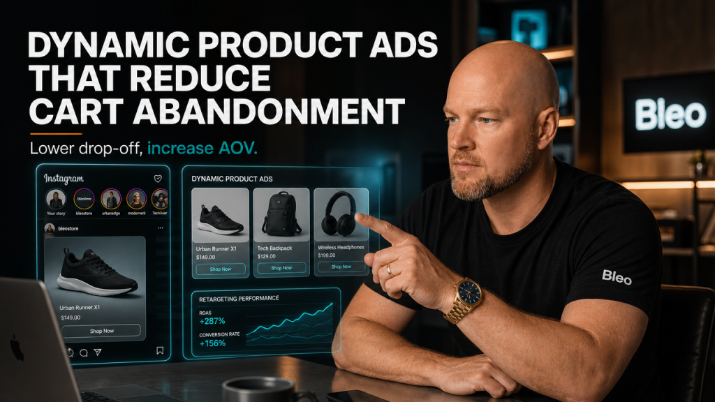 Professional digital marketer Luke Houlihan demonstrates Instagram Dynamic Product Ads strategy with holographic UI display showing product feeds and conversion metrics