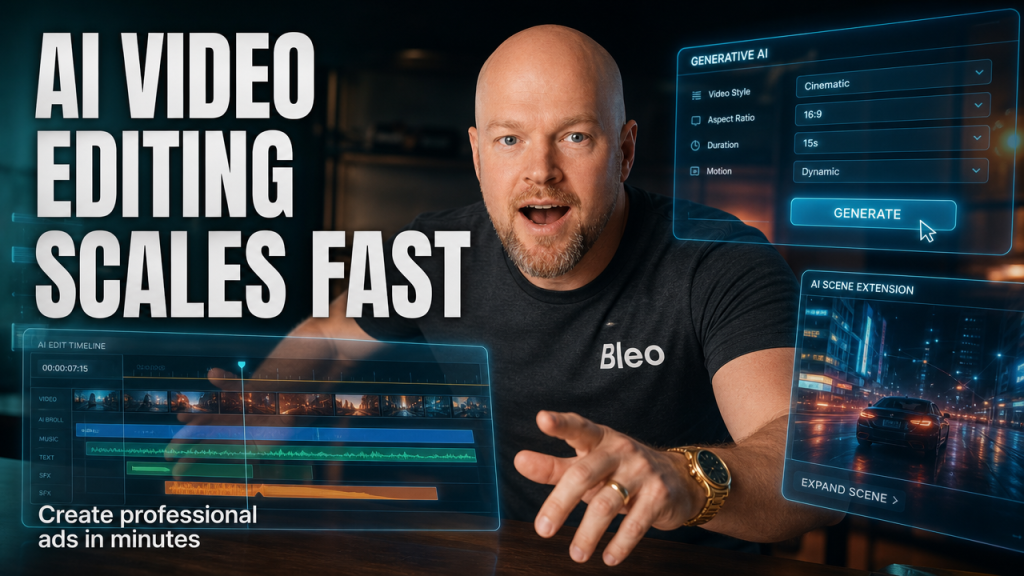 Luke Houlihan in a modern studio with holographic AI editing panels, wearing Bleo-branded shirt, excited expression, text overlay reads "AI VIDEO EDITING SCALES FAST"
