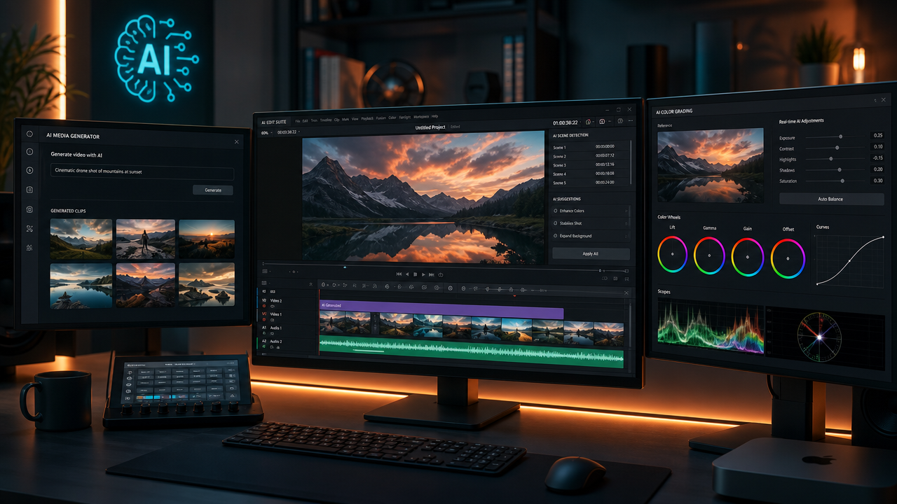 Professional video editing workstation with multiple monitors displaying AI editing software, timelines, and colour grading tools