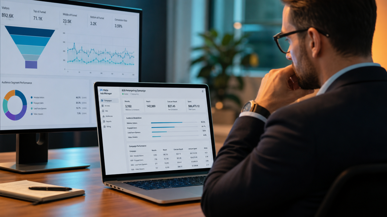 Professional at a modern desk reviewing Meta Ads Manager retargeting campaign analytics on laptop screen with visible metrics, audience data, and conversion funnels in soft teal and orange lighting.