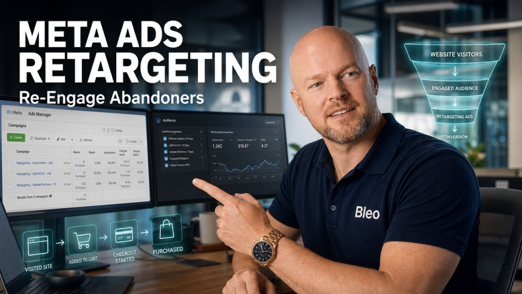 Luke Houlihan smiling confidently at his desk while pointing at Meta Ads Manager dashboard showing retargeting campaign data, with data visualizations and metrics visible on monitors. Text overlay reads "META ADS RETARGETING: Re-Engage Abandoners".