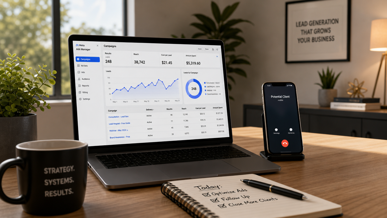 Professional office desk with laptop displaying Facebook Ads analytics dashboard, phone, and modern furnishings, representing a professional services firm's lead generation setup