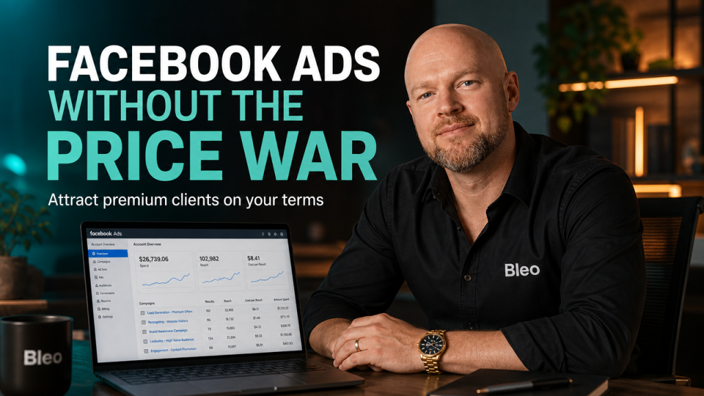 Luke Houlihan sitting confidently at a modern desk with a laptop showing Facebook Ads metrics, with text overlay reading "Facebook Ads Without the Price War" in a professional office setting with teal and orange lighting