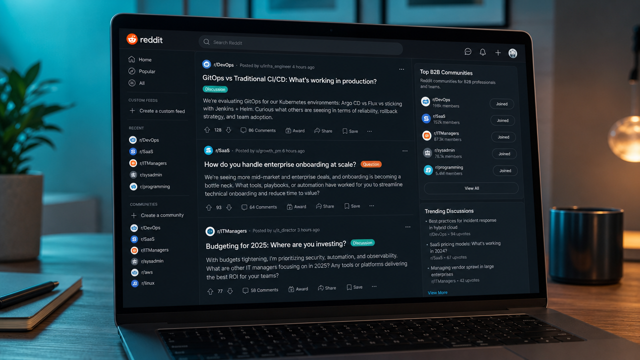 A laptop screen displaying Reddit's interface with B2B-focused subreddit communities like r/DevOps and r/SaaS visible, showing authentic discussion threads about enterprise software solutions