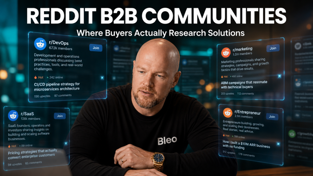 Luke Houlihan in a professional office setting, wearing a Bleo-branded shirt, leaning forward with an engaged expression while examining holographic Reddit community discussion threads and subreddit feeds floating around him, with text overlay reading "Reddit B2B Communities"