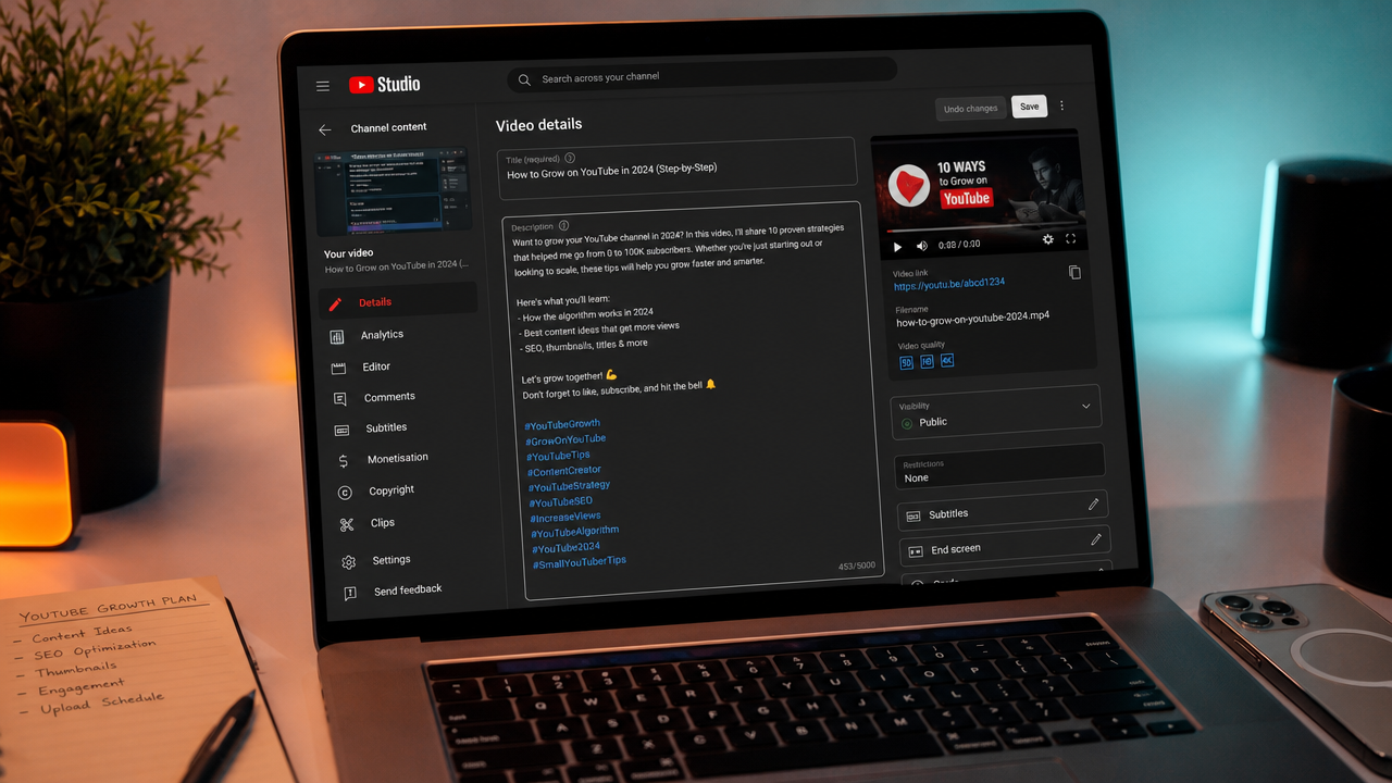 YouTube Studio screen showing hashtag editor with 3-5 optimised hashtags visible and clearly readable, angled toward camera in a modern creator workspace with teal and orange lighting.