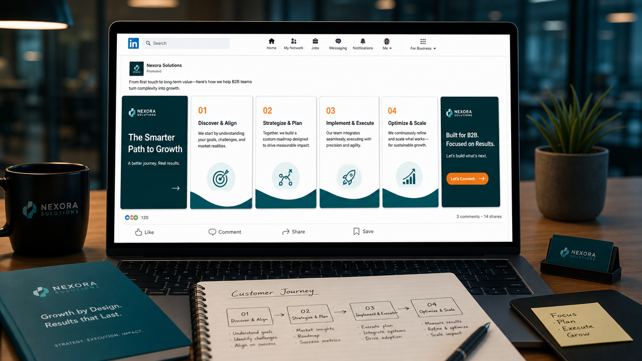 Laptop screen displaying a multi-slide LinkedIn carousel ad with customer journey steps, on a polished professional desk with branding materials and notebook, teal-and-orange colour grading