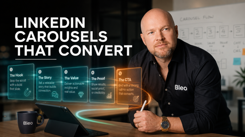 Professional male subject wearing Bleo-branded shirt, leaning forward with engaged expression, surrounded by holographic carousel cards and data visualisations in teal and orange lighting, with "LINKEDIN CAROUSELS THAT CONVERT" text overlay in modern office setting