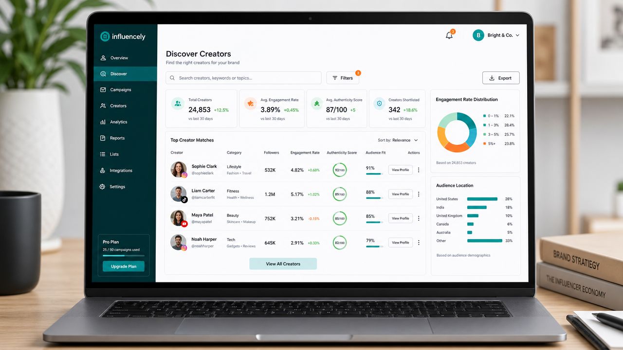 Laptop screen showing influencer discovery dashboard with creator profiles, engagement metrics, and authenticity verification data
