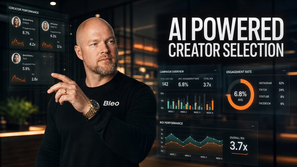 Luke Houlihan gestures confidently toward holographic analytics panels displaying influencer performance metrics and ROI data, with text overlay reading "AI Powered Creator Selection"