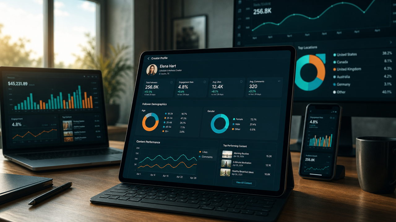 Multiple digital displays showing creator analytics dashboards with engagement metrics, demographic breakdowns, and performance data for influencer selection