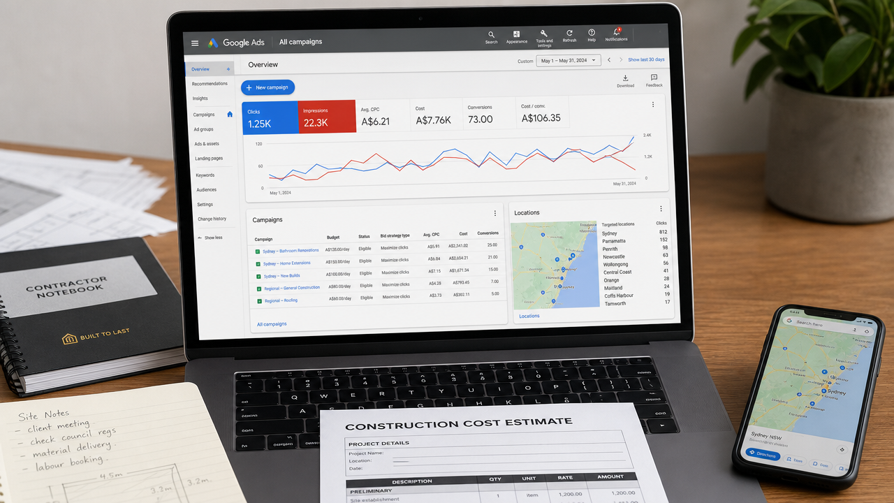 Laptop screen showing Google Ads dashboard with construction industry bidding metrics and location targeting data visible