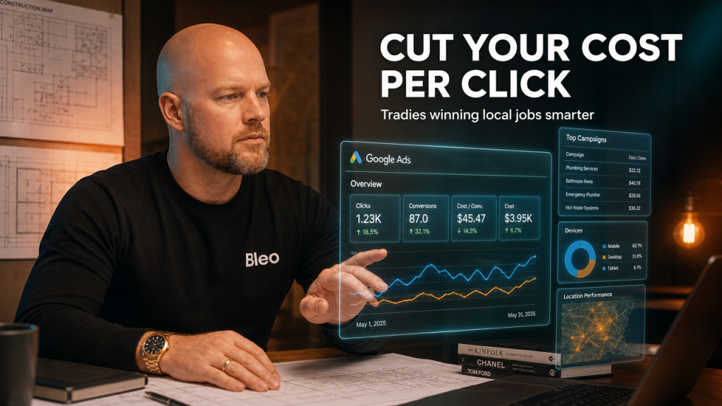 Luke Houlihan at a desk with holographic Google Ads dashboard, confident expression analyzing construction job bids with text overlay reading Cut Your Cost Per Click
