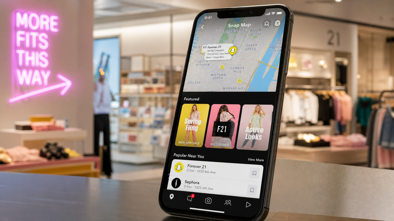 Snapchat Snap Map and ads displayed on mobile phone showing retail store locations and product discovery for Gen Z shoppers
