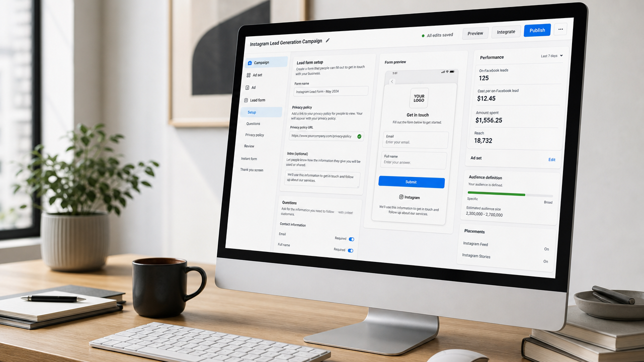 Instagram Ads Manager dashboard on desktop monitor showing lead form setup and targeting options for professional services campaigns