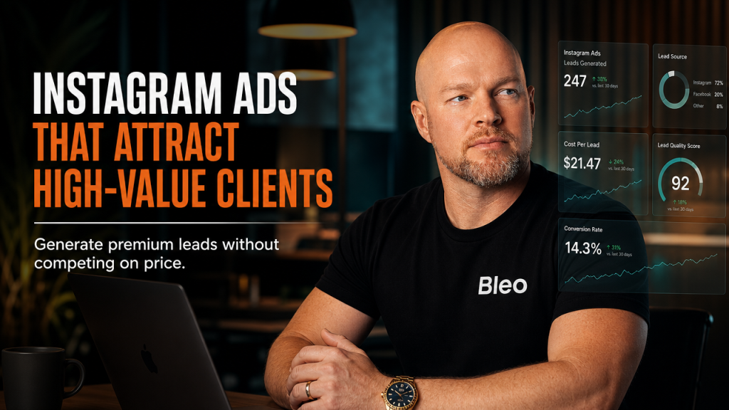 Luke Houlihan wearing Bleo branding, confidently presenting Instagram lead generation strategy for professional services firms with holographic analytics displayed behind him in a premium workspace