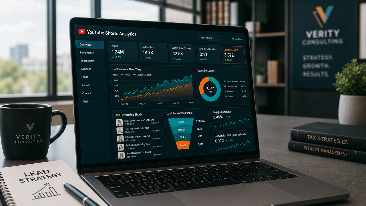 Professional service provider reviewing YouTube Shorts analytics dashboard on laptop screen showing real-time conversion metrics and lead generation reports