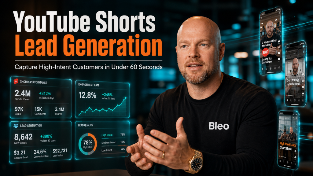 Luke Houlihan presenting YouTube Shorts advertising strategy with confidence in a modern digital marketing workspace with holographic metrics displays and vertical mobile screens showing short-form video content