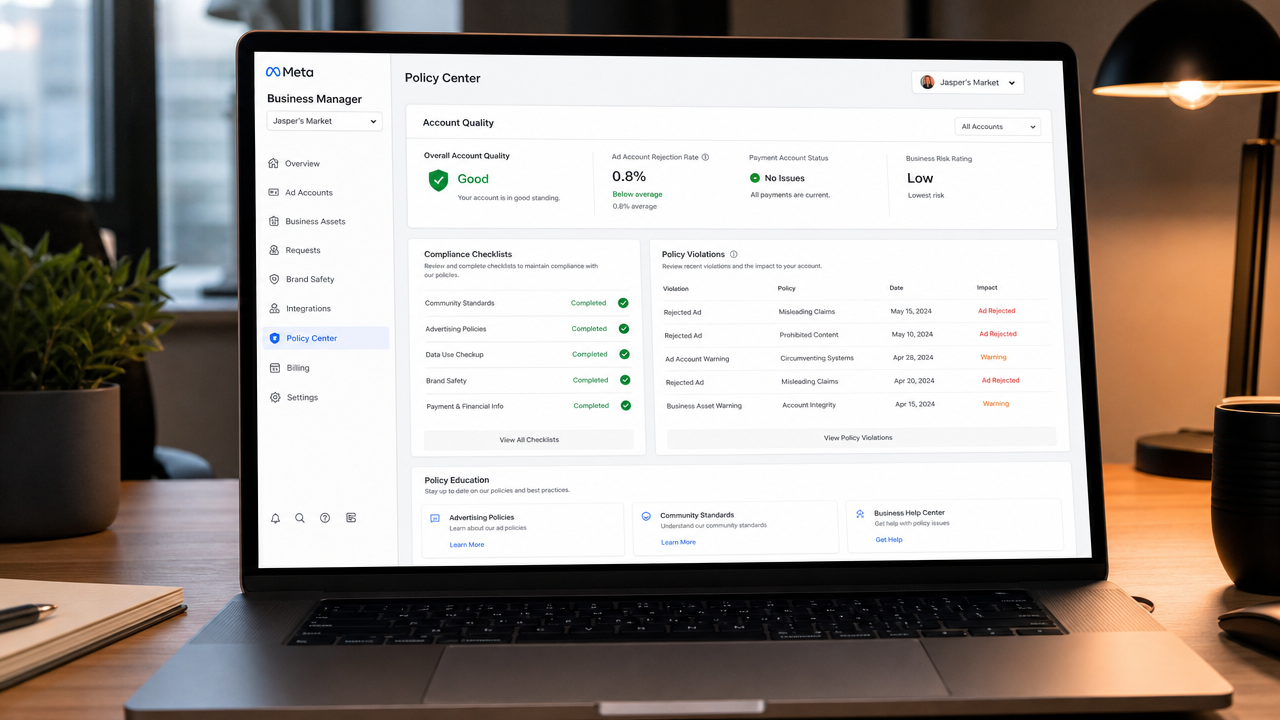 Meta Business Manager dashboard showing Account Quality metrics, policy compliance status, and rejection rate tracking