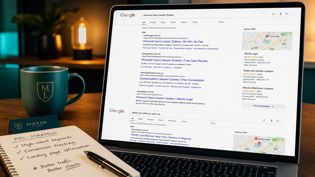 Google Search results displaying legal ads in Sydney, with strategy notes about keyword targeting and conversion tracking visible on desk