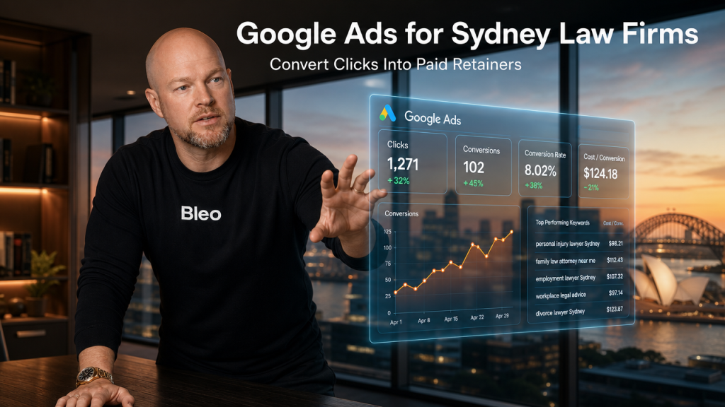 Luke Houlihan in a Sydney law office presenting Google Ads conversion strategy with holographic dashboard showing legal keywords and campaign metrics