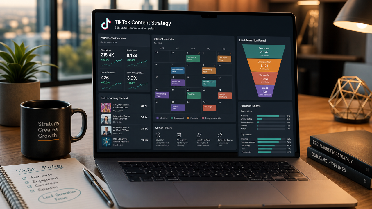B2B content strategy dashboard and analytics on laptop screen showing TikTok metrics and lead generation funnel in a professional office setting