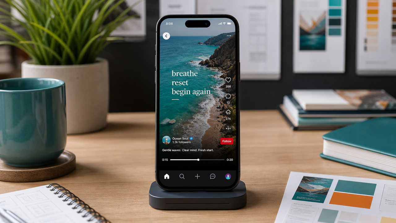 A smartphone in portrait orientation displaying a vertical video pin on Pinterest, surrounded by design materials and notebooks in a modern workspace.