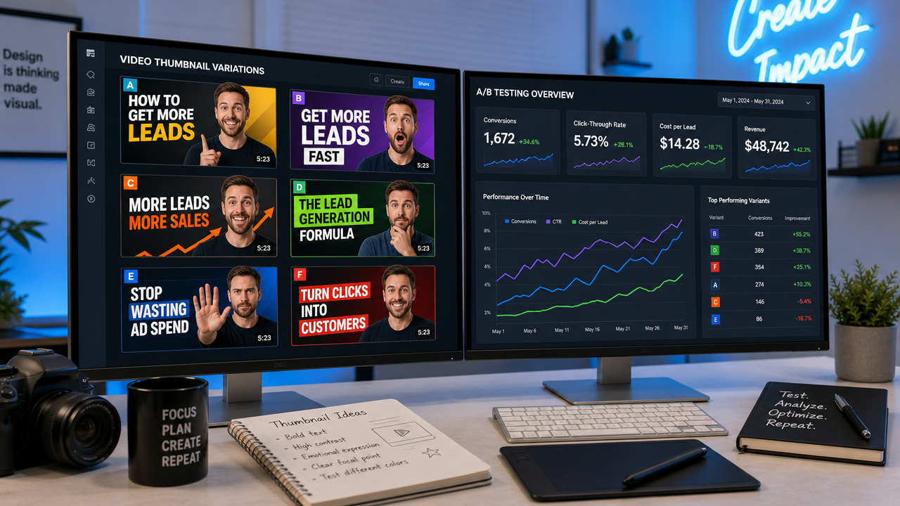 Modern digital workspace with split-screen displays. Left side shows thumbnail variations grid with bold colors and contrasting designs. Right side displays A/B testing analytics dashboard with conversion rates and CPL metrics trending upward. Multiple angled monitors showing clear content.