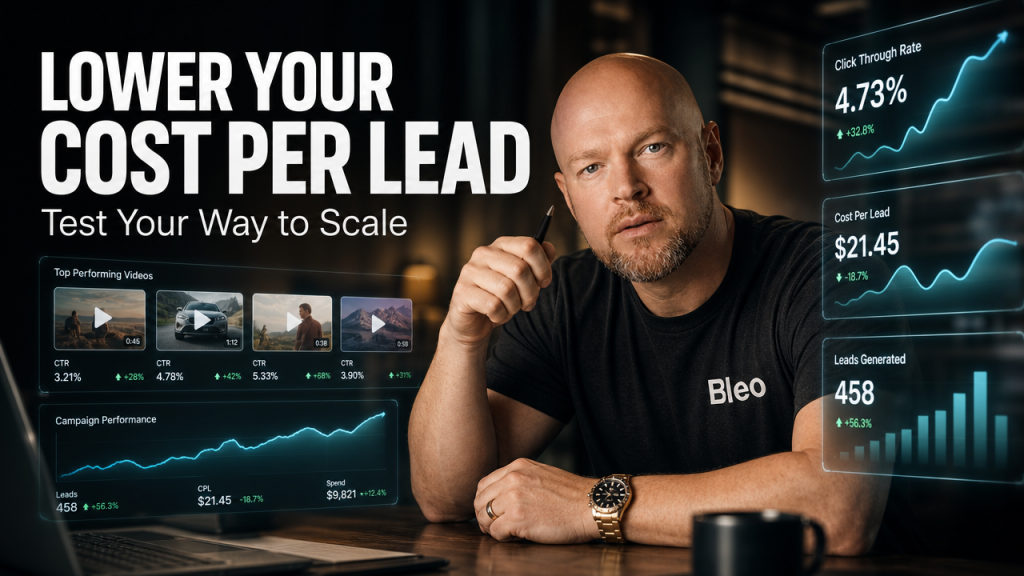 Luke Houlihan at a modern workspace with holographic displays showing video analytics, thumbnails, and CTR metrics. He leans forward with a confident expression, wearing a charcoal Bleo-branded shirt. Text overlay reads "LOWER YOUR COST PER LEAD" with "Test Your Way to Scale" beneath it. Cinematic teal-orange lighting.