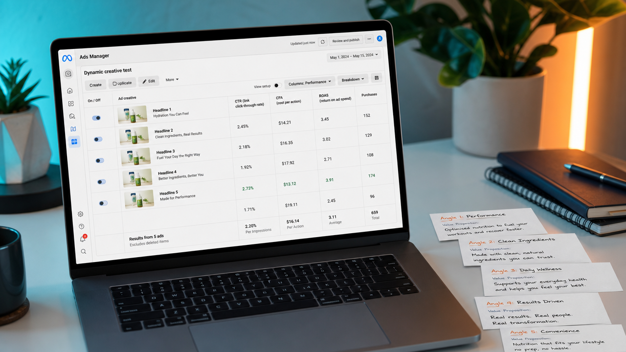 Laptop showing Meta Ads Manager with headline variants and dynamic creative optimization testing interface at a professional workspace