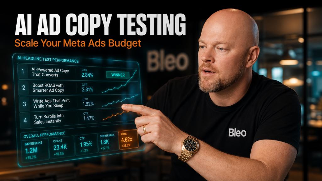 Luke Houlihan wearing a Bleo shirt pointing at holographic AI headline testing metrics, with text overlay reading "AI Ad Copy Testing Scale Your Meta Ads Budget"
