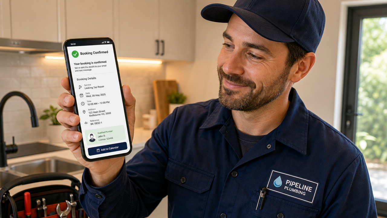 Local service professional viewing a confirmed booking on their mobile phone, representing a qualified customer lead from targeted advertising.
