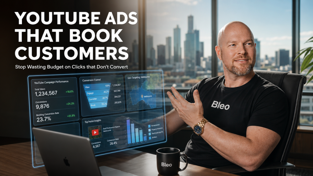 Luke Houlihan gesturing confidently at YouTube campaign metrics and conversion data displayed on a holographic screen at a modern Melbourne office desk, representing qualified customer targeting for local service businesses.