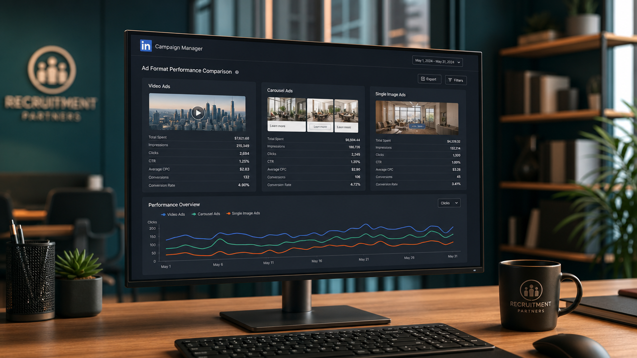 Recruitment agency dashboard showing LinkedIn ad performance comparison between video, carousel, and single image formats with real-time analytics