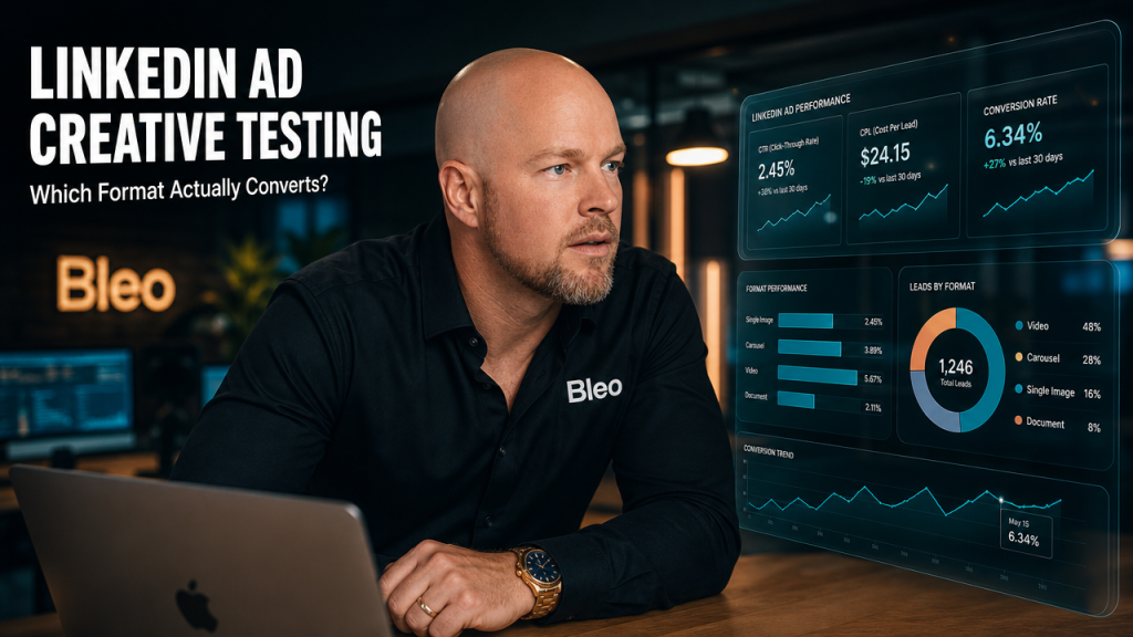 Luke Houlihan analyzing LinkedIn ad performance metrics in a modern digital workspace with holographic charts, focused on creative format testing and conversion optimization