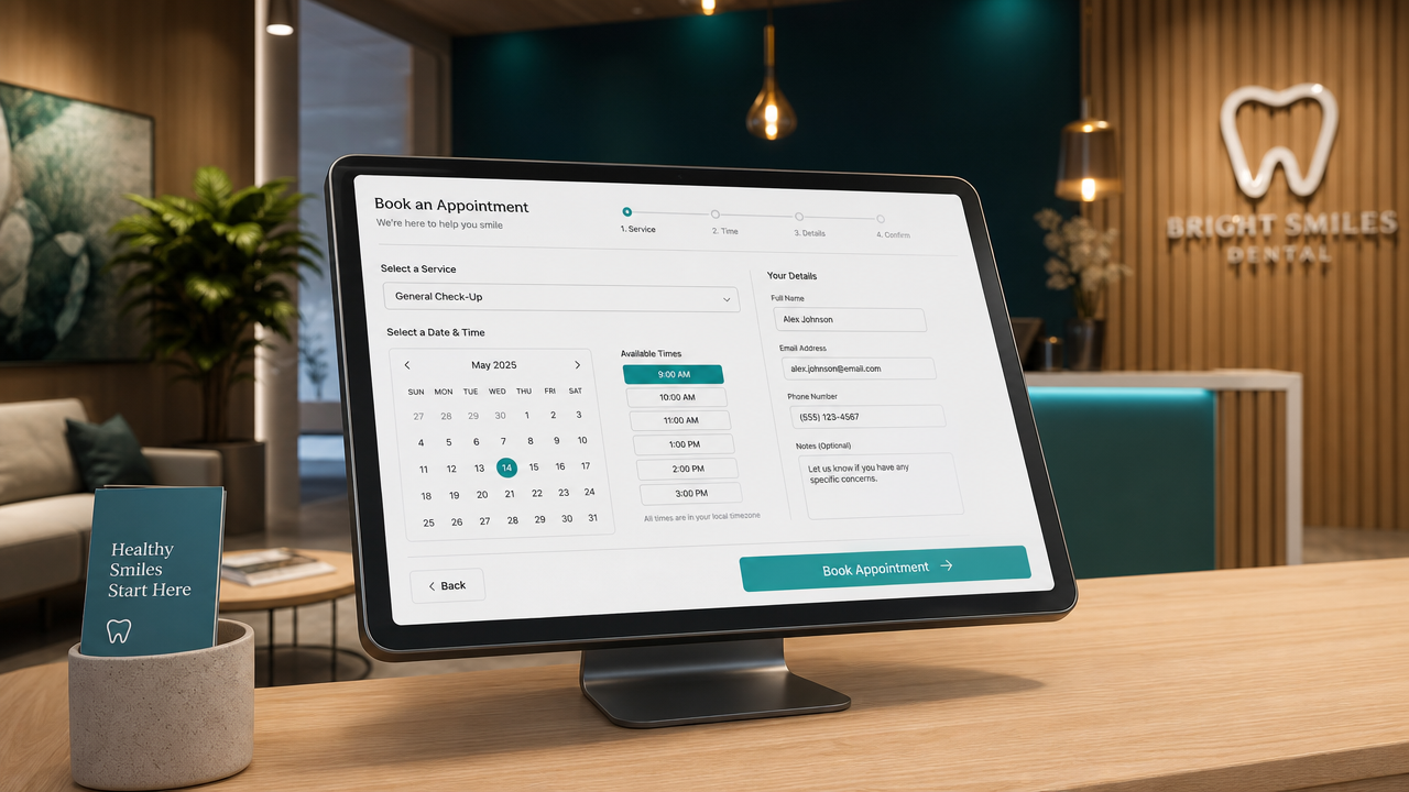 Modern dental practice booking interface displayed on a tablet with time slots and appointment scheduling visible, positioned in a professional reception area.
