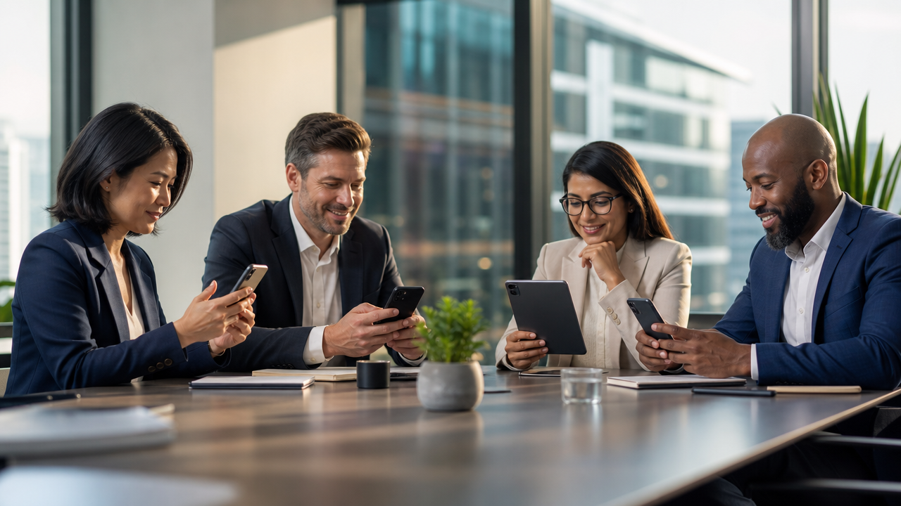Professional decision-makers in a modern office setting engaged with Instagram Reels on tablets and phones around a conference table, showing active interest and engagement.