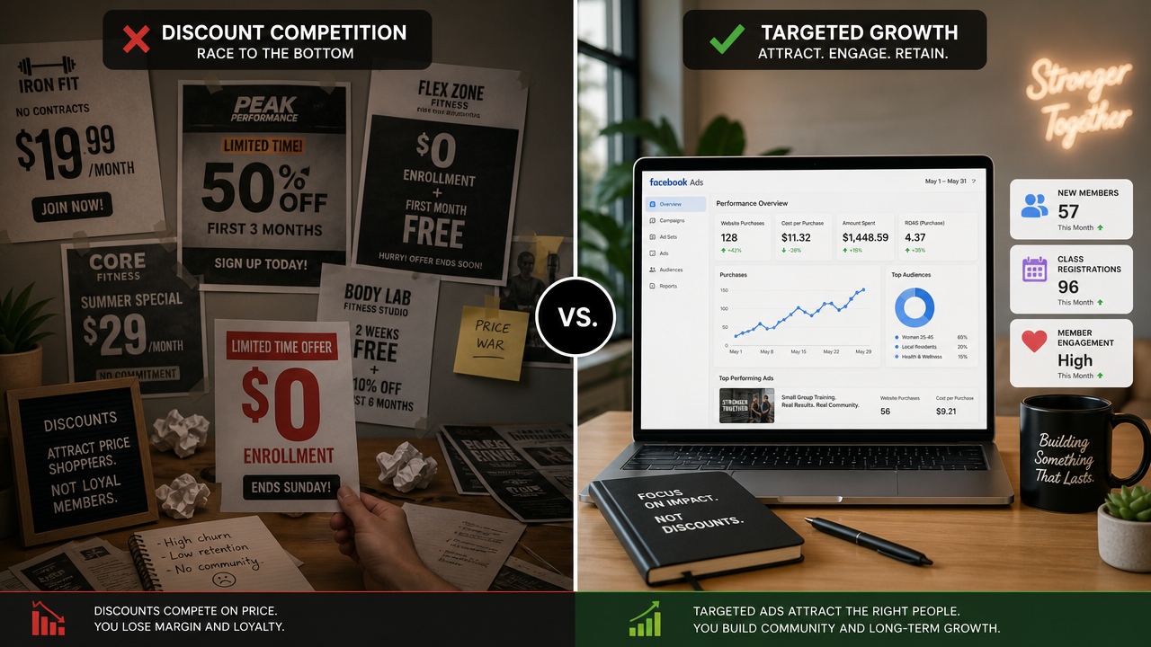 Split-screen showing the contrast between discount-focused fitness marketing (left) and targeted member acquisition (right) with positive engagement metrics.